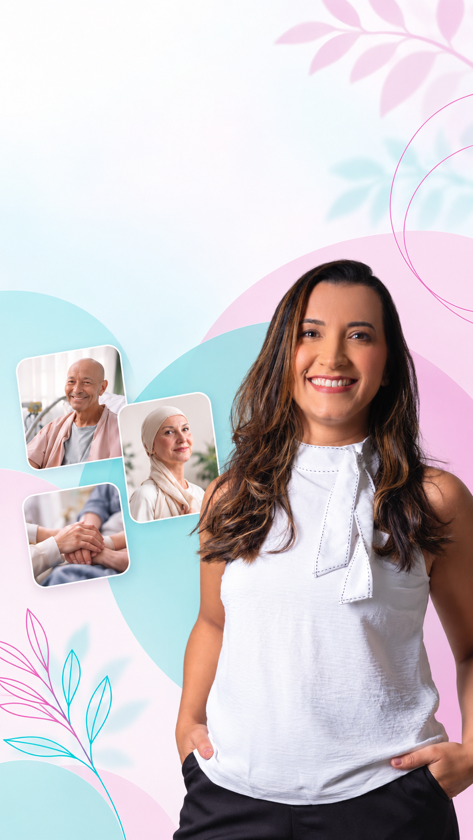 Tatiane Rios, nutricionista oncológica, sorrindo, ao lado de fotos de pacientes em tratamento